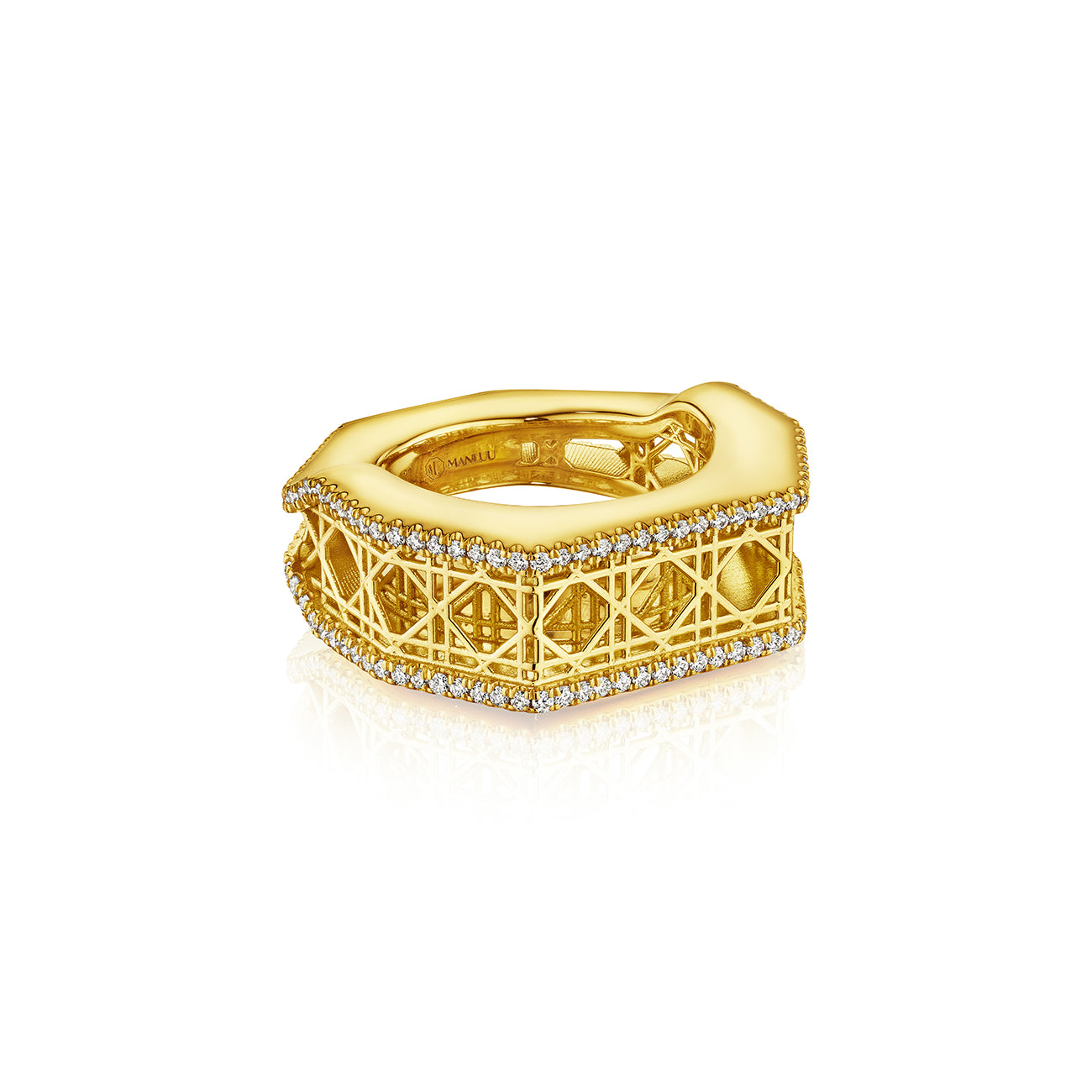 MoAnA LUU Doudou narrow ring in 18K yellow gold, featuring pavé diamonds in an intricate woven openwork design inspired by Caribbean fish traps.