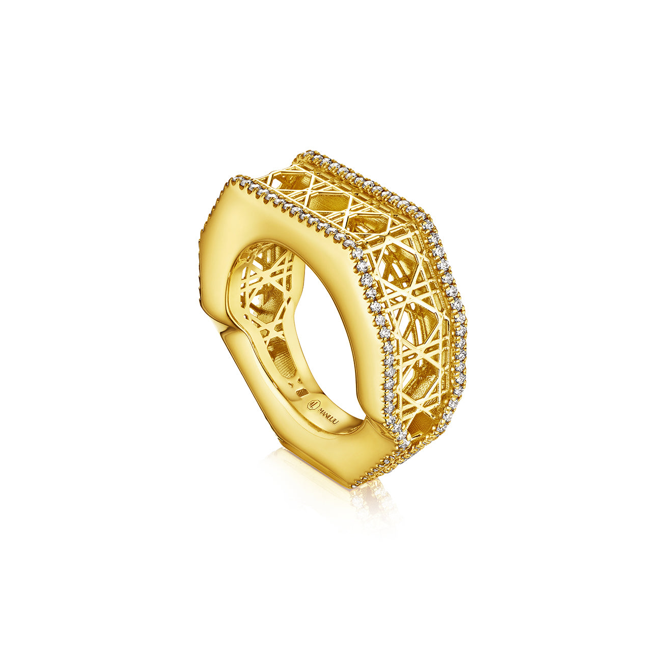 MoAnA LUU Doudou narrow ring in 18K yellow gold, featuring pavé diamonds in an intricate woven openwork design inspired by Caribbean fish traps.