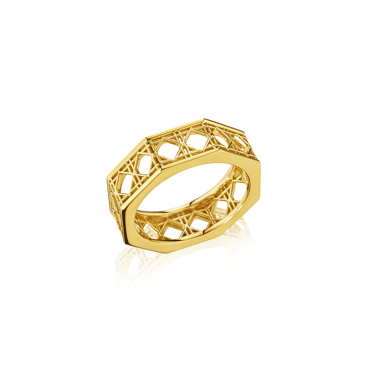 MoAnA LUU Doudou band ring in 18K yellow gold, featuring an intricate woven openwork design inspired by Caribbean fish traps.