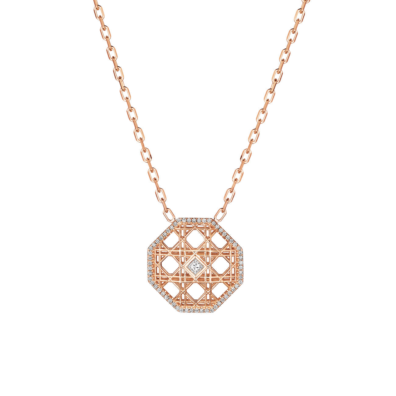 MoAnA LUU Doudou pendant necklace in 18K rose gold, featuring an octagonal geometric openwork design with central diamond and pavé diamond border inspired by Caribbean fish traps.