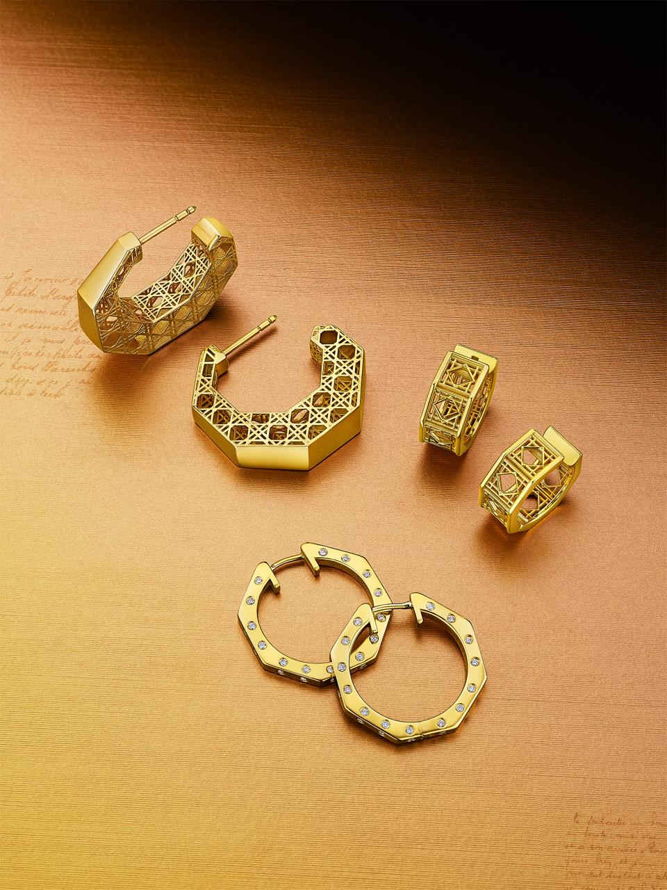 MoAnA LUU Doudou and Ti earrings in 18k gold and diamonds featuring a cane-woven work inspired by traditional Caribbean fish traps, reflecting the house’s vision of Creole-inspired fine jewelry crafted in New York.