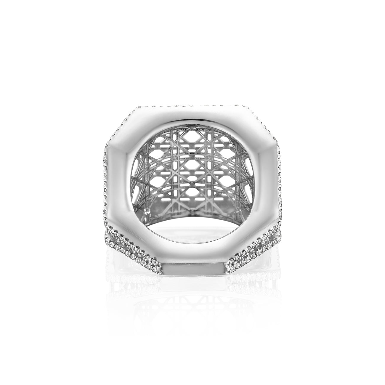 MoAnA LUU Doudou wide band ring in 18K white gold, featuring intricate geometric openwork  cane design inspired by Caribbean fish traps.