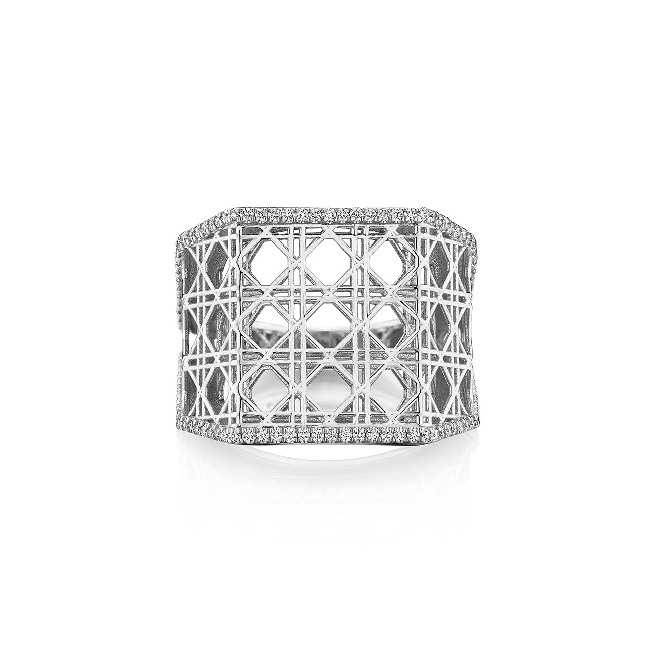 MoAnA LUU Doudou wide band ring in 18K white gold, featuring intricate geometric openwork  cane design inspired by Caribbean fish traps.