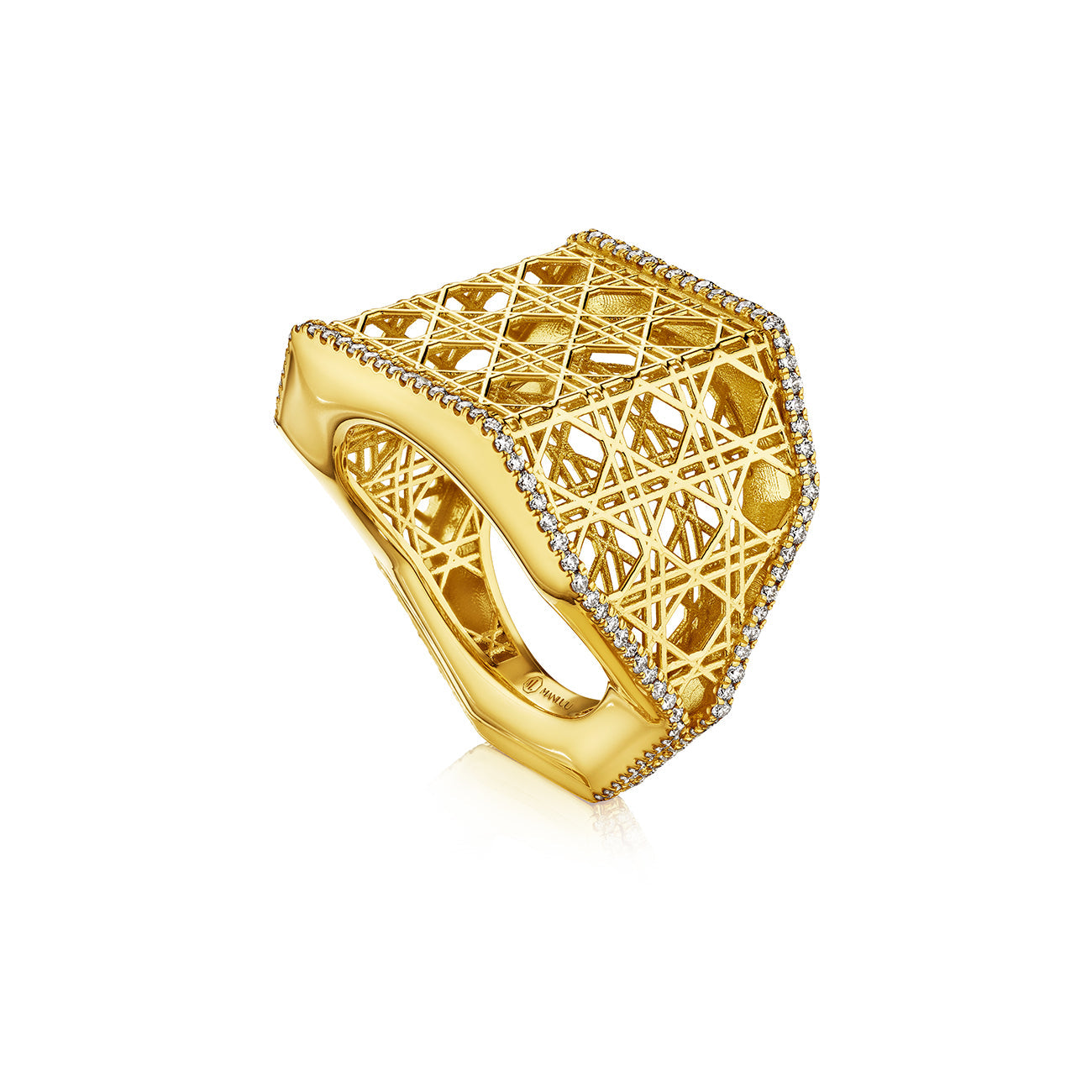 MoAnA LUU Doudou wide ring in 18K yellow gold, featuring pavé diamonds in an intricate woven openwork design inspired by Caribbean fish traps.