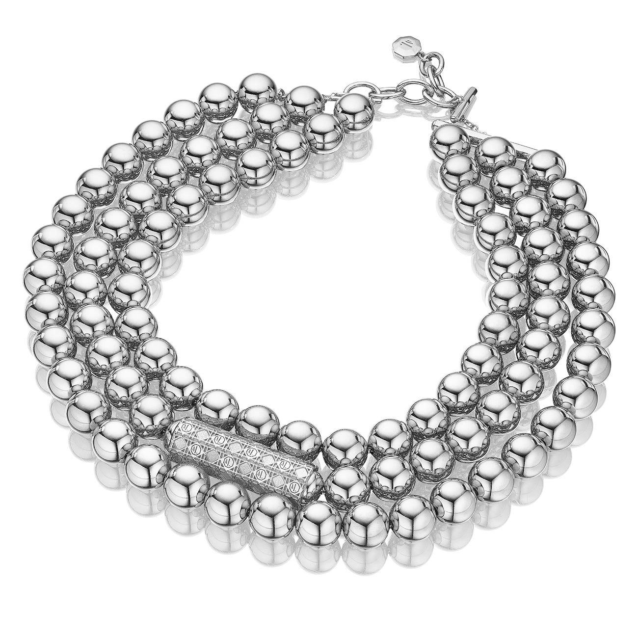 MoAnA LUU three row beads necklace in silver. Made in New York City. 