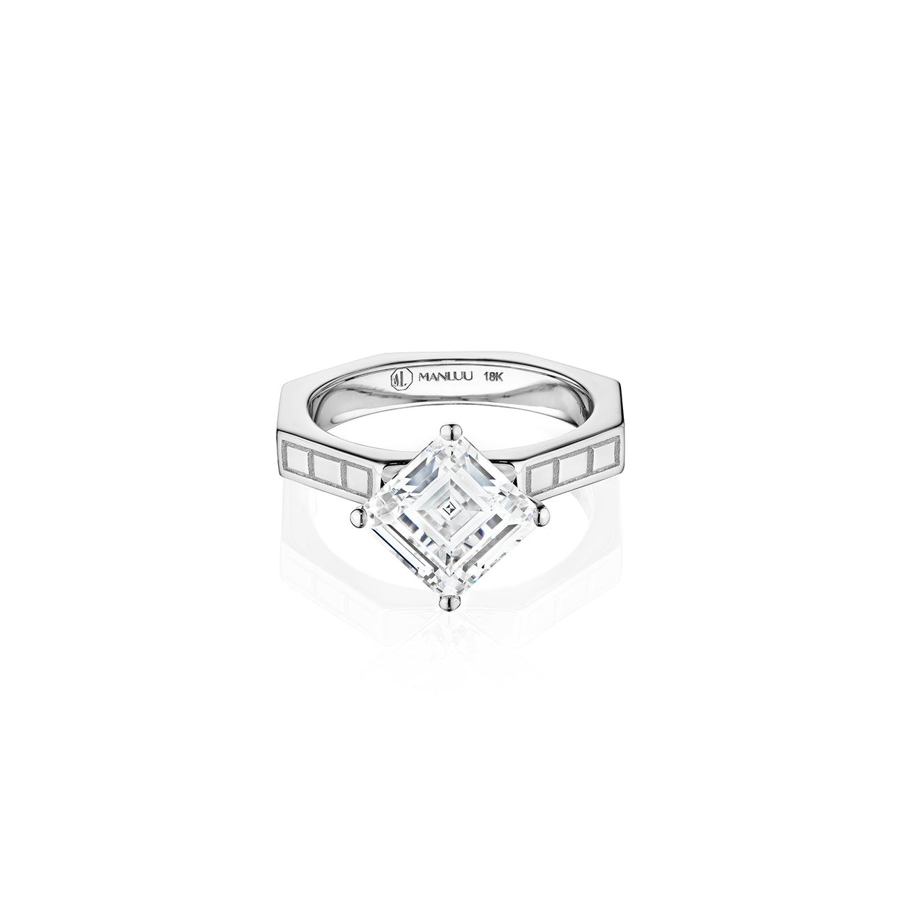 MoAnA LUU Ti engagement ring solitaire  in 18K white gold in a geometric setting with clean architectural lines.