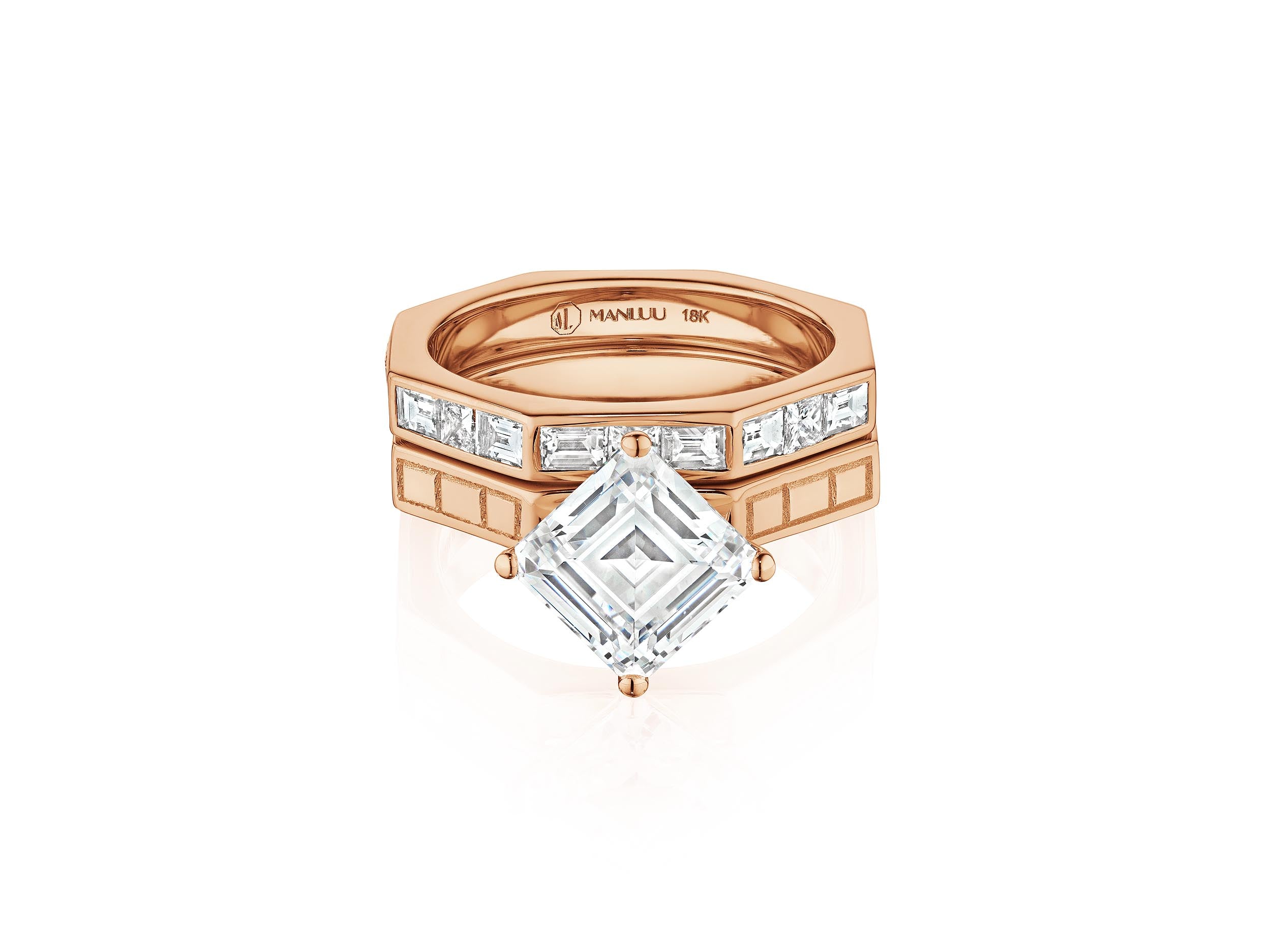 MoAnA LUU Ti eternity band ring featuring baguette diamonds and solitaire engagement ring in 18K rose gold,  in an octagonal shape.
