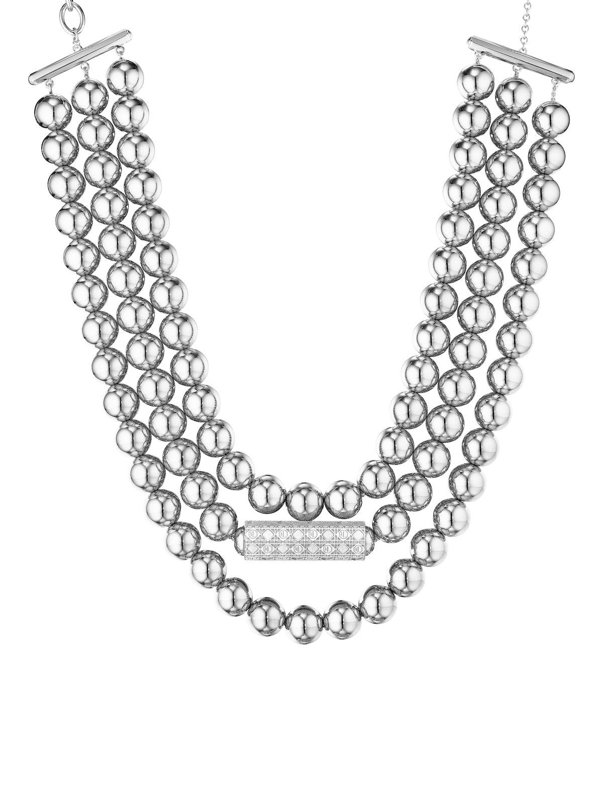 MoAnA LUU three row beads necklace in silver. Made in New York City. 
